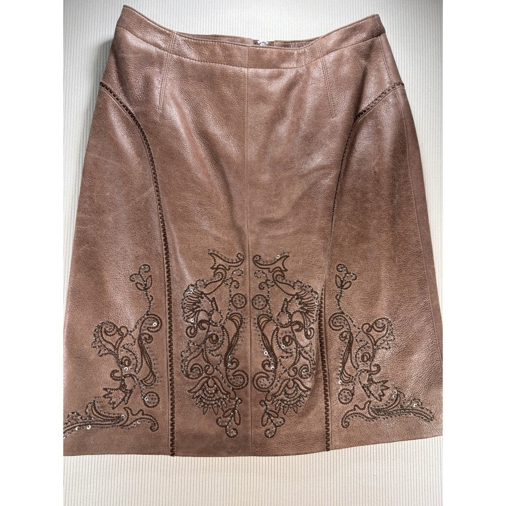 Cripple Creek Women's Leather Skirt Brown Embroidered Sequin 6 Western Boho